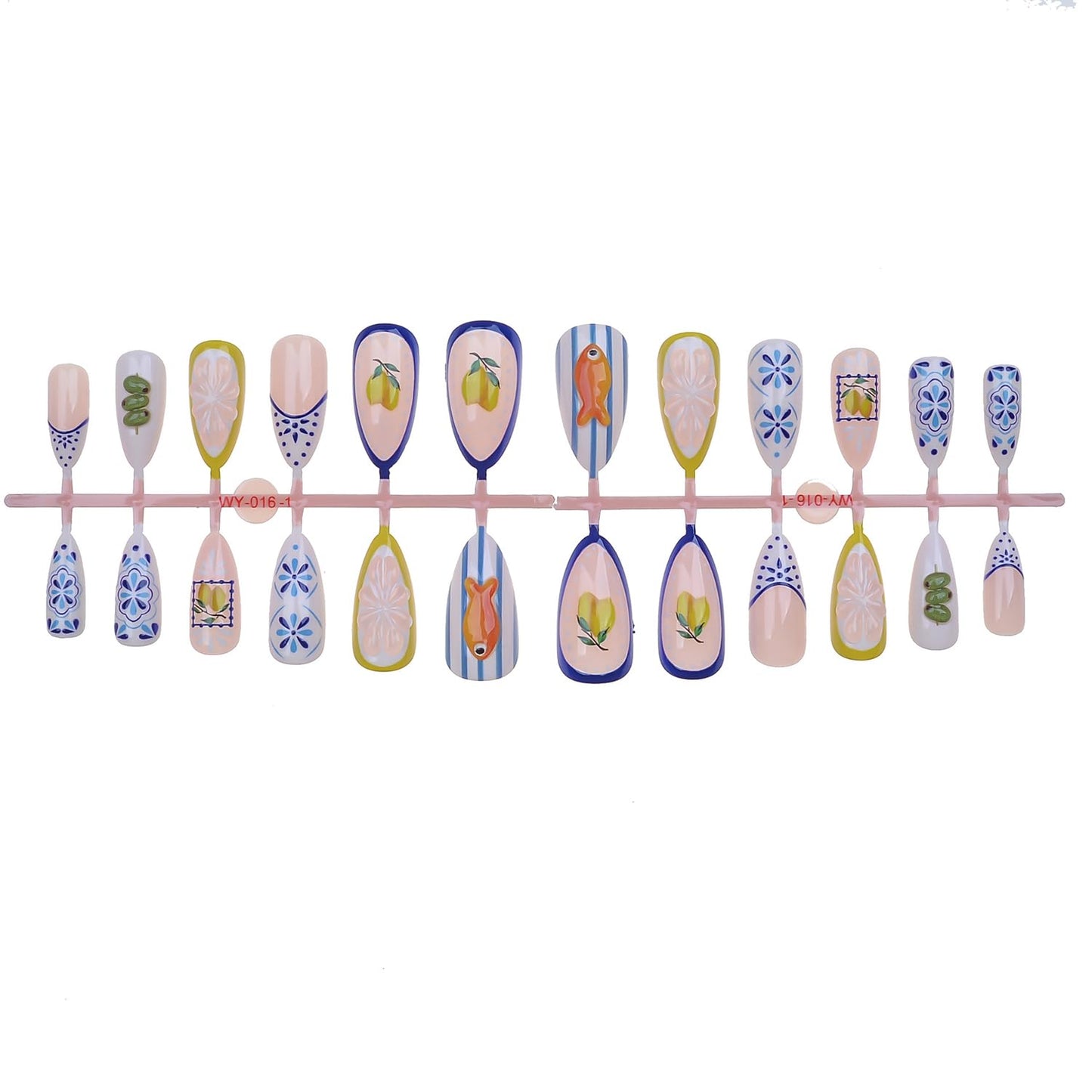 French Tip Press on Nails Almond Medium Fake Nails with 3D Goldfish Lemon Designs Summer Flower Nails Press ons Glossy Glue on Nail White Blue Yellow Acrylic Nail Spring Stick on Nails for Women 24Pcs