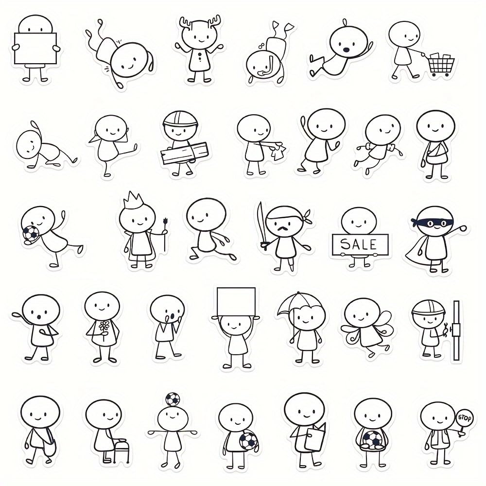 66-Piece Cute Hand-Drawn Character Stickers Set, Funny & Creative PVC Decals for Phone Cases, Journals, Laptops, Water Bottles, Guitars, Skateboards, Luggage, Helmets, Party Decorations and More