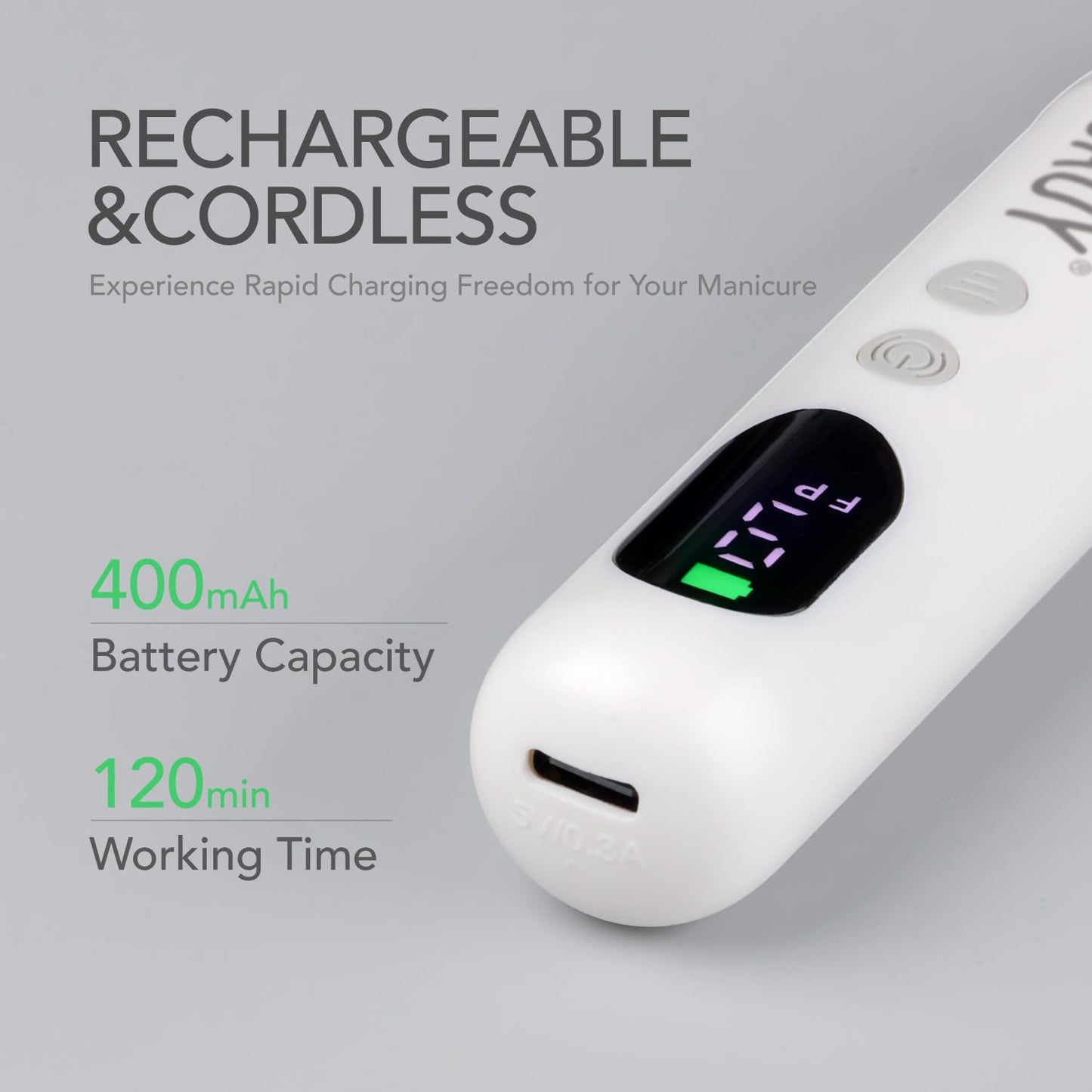 Cordless Nail Drill - Rechargeable Electric Nail File with LED Display | Lightweight Manicure & Pedicure Tool for Gel & Acrylic Removal, White