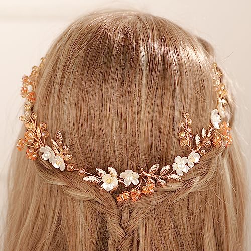 Gold Boho Bridal Flower Leaf Headband - Crystal Pearl Hair Vine