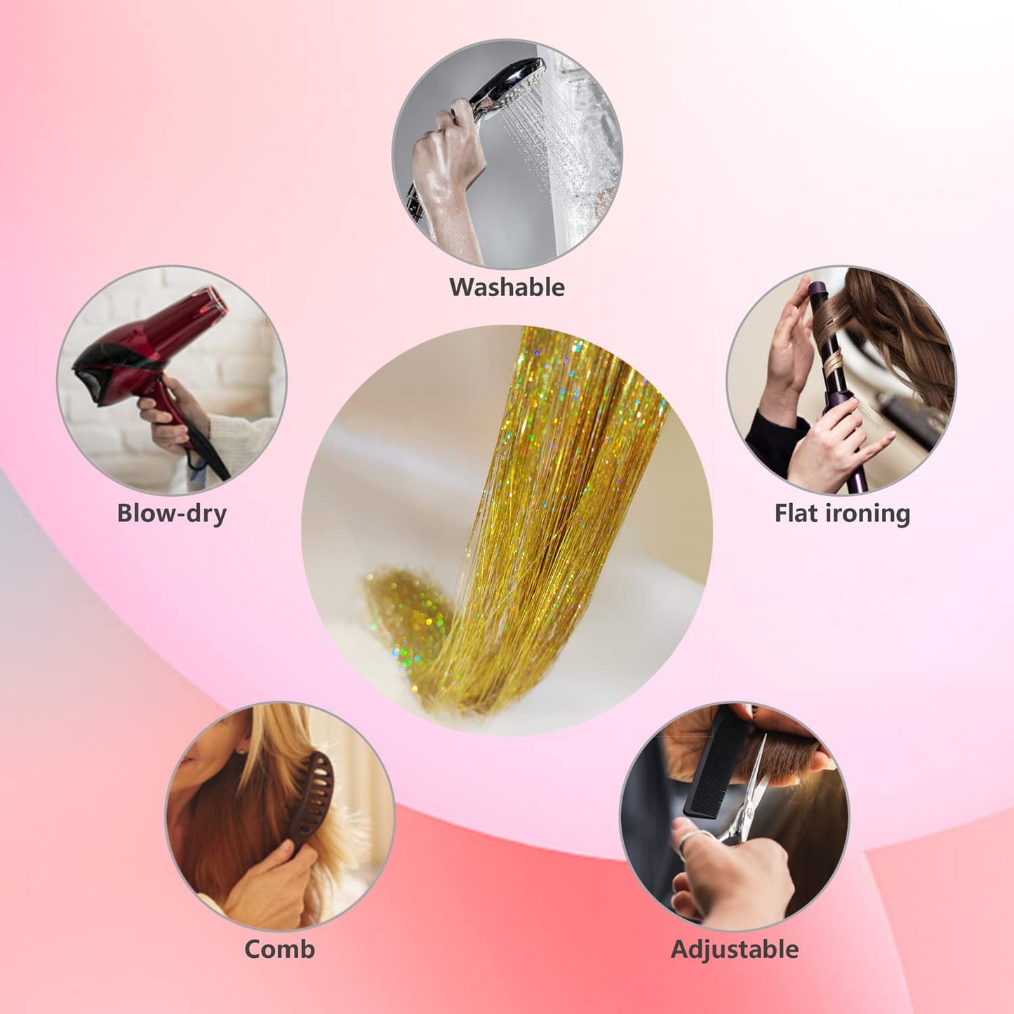 Hair Tinsel Kit with Tools and Instruction Easy to Use 1000 Strands 47 Inches Glitter Tinsel Hair Extensions for Women and Girls, Sparkling Shinny Fairy Hair Accessories for Christmas New Year Halloween Cosplay Party (Gold)