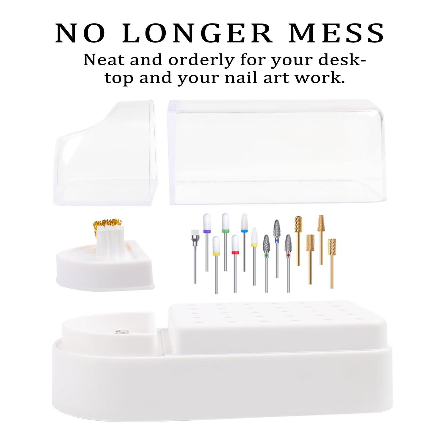 Nail Drill Bits Holder 2 in 1 Nail Drill Bits Cleaning Brush Case, 30 Holes Dustproof Acrylic Nail Drill Holder Storage Box, Nail Drill Bit Holder Stand Displayer Organizer for Home Salon Use (White)