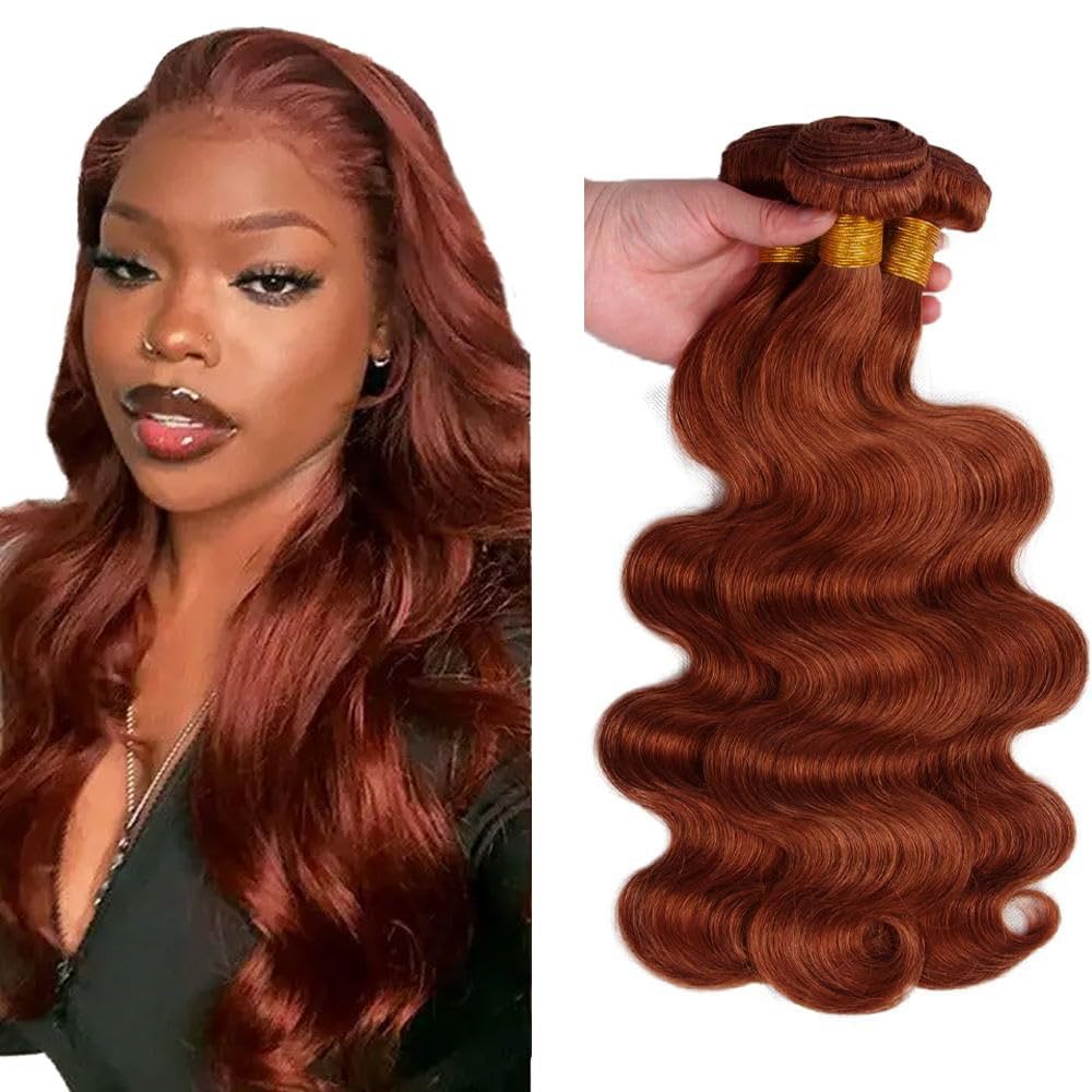 HuxoWax #33 Copper Red 28 28 28 Inch Human Hair Bundles Body Wave Reddish Brown Color Virgin Unprocessed Doubles Weft Human Hair Extensions Weave 3 Bundles Total 300g