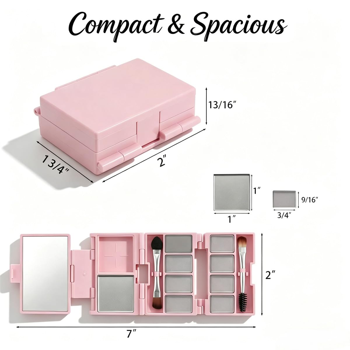 Foldable Magnetic Makeup Palette - 3-Layer DIY Travel Kit with Mirror | Compact Pink Cosmetic Organizer, 10 Pans & Brushes