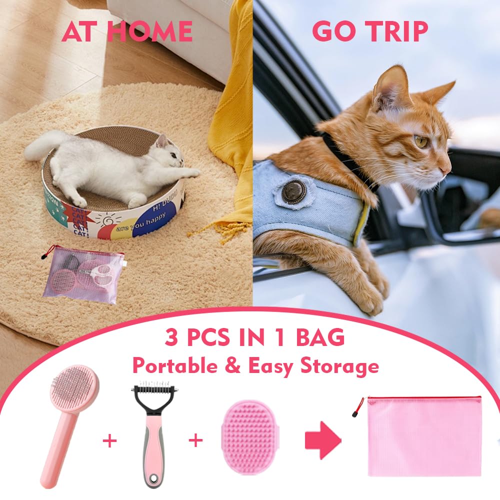 Cat Brush for Shedding - 5-Piece Set for Long-Haired Cats & Small Dogs | Pink Matted Fur Comb