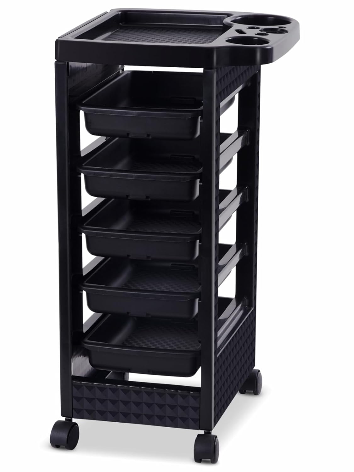 Black Salon Trolley Cart with Wheels - 5 Drawers & Dryer Holder | Hair Stylist Equipment
