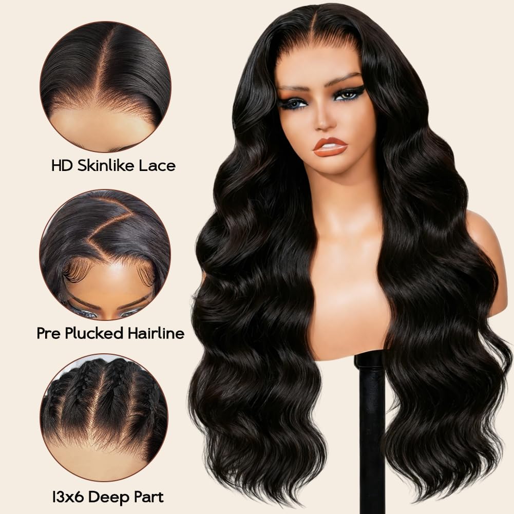 CUTE BEIN 250 Density 13x6 Lace Front Wigs,100% Human Hair, [2-Year Life,250g], 28 Inch Body Wave HD Lace Front Wigs Human Hair Pre Plucked Transparent Frontal Glueless Wigs with Baby Hair