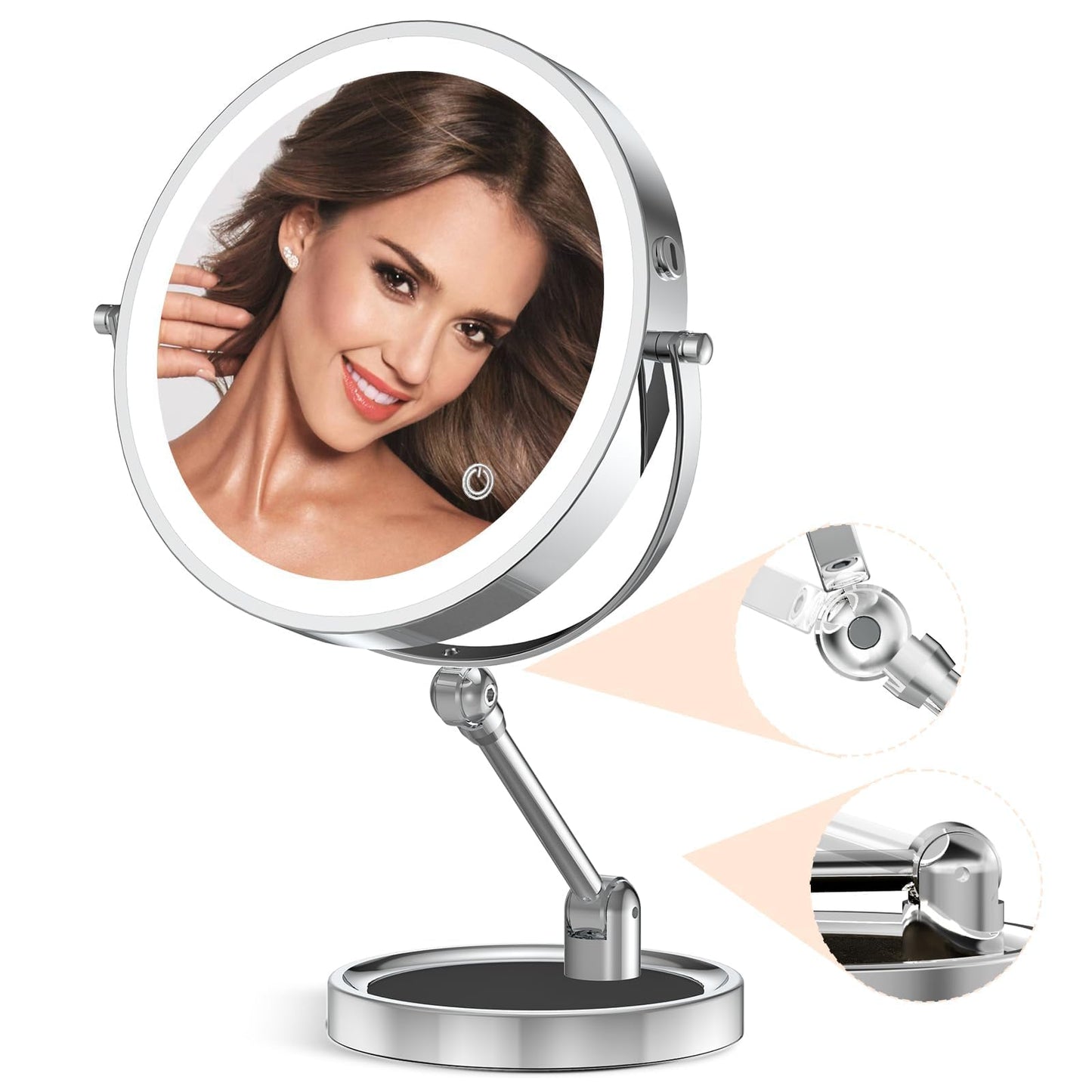 Rocollos Tabletop Makeup Mirror with Built-in Vanity Tray, 9" Rechargeable 4000mAh Lighted Vanity Mirror 1X/10X Magnification, Height-Adjustable Arm, 3 Color Dimmable (Nickel)