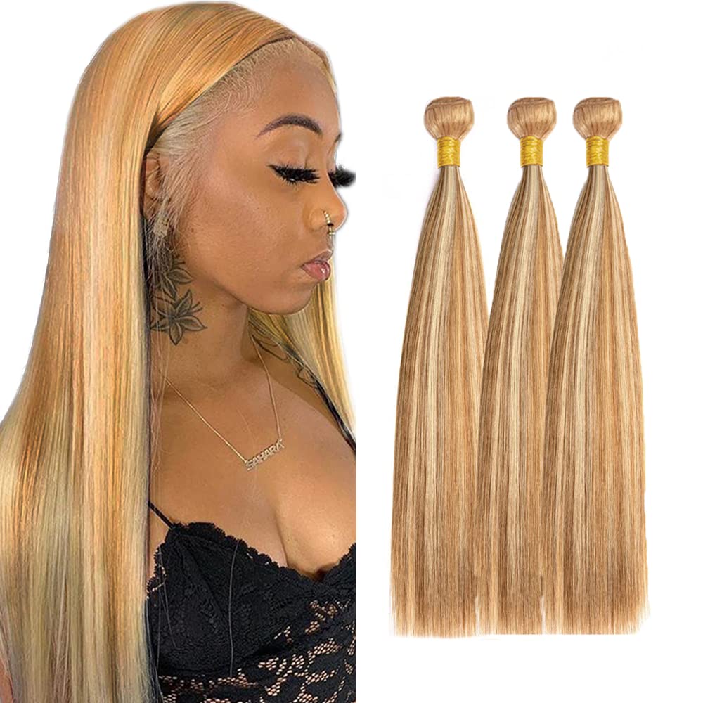 P27/613 Blonde Bundles Human Hair Straight Bundles 30 32 34 Inch Highlight Blonde Unprocessed Brazilian Virgin Hair Deals Quick Weave Hair Extensions 3 Bundle 50 Gram Per Bundle For Woman