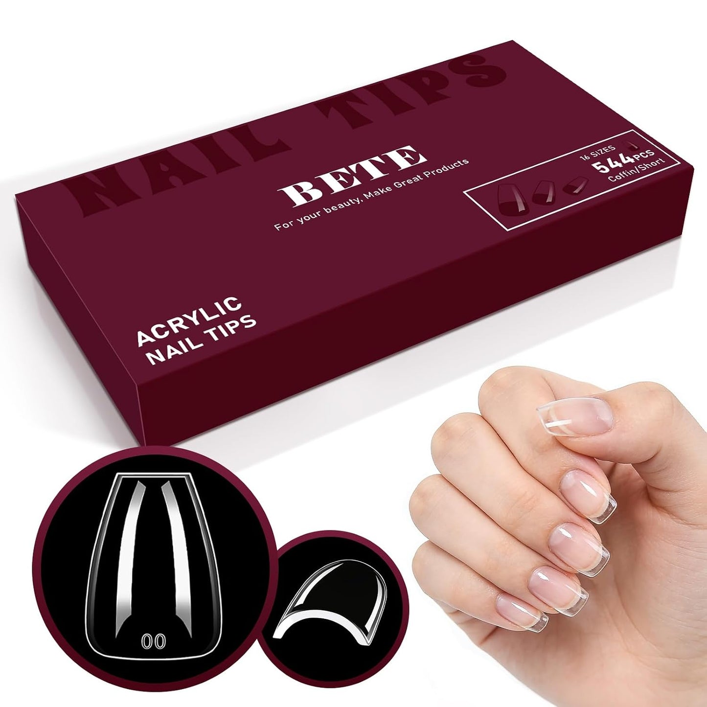 Medium Almond Clear Acrylic Nail Tips - 224 Pcs in 16 Sizes | Pre-Shaped Strong Press-On Nails for DIY Manicure