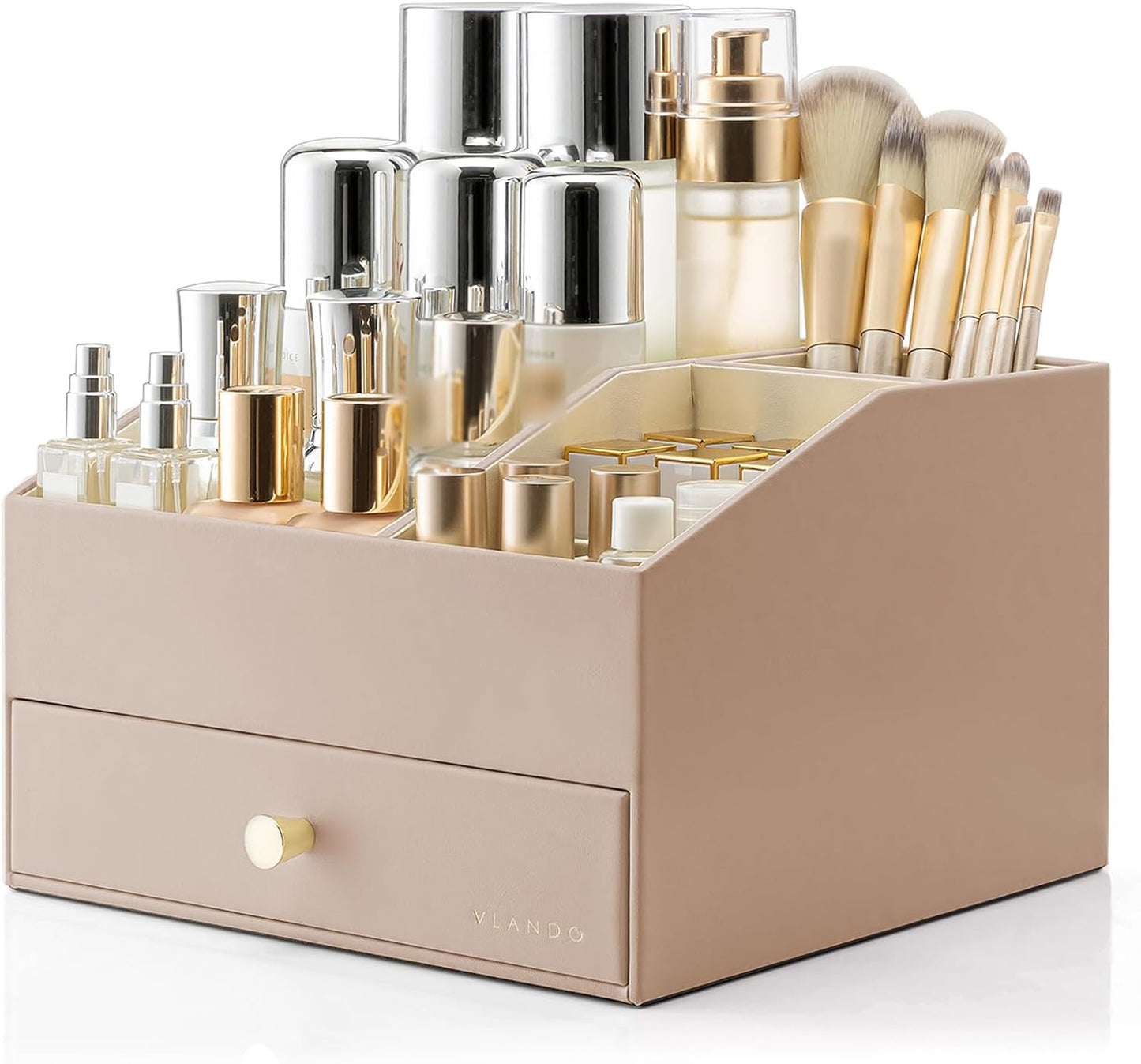 VLANDO Makeup Organizer - PU Leather Vanity Storage with Drawers | Beige Cosmetic & Skin Care Organizer for Women