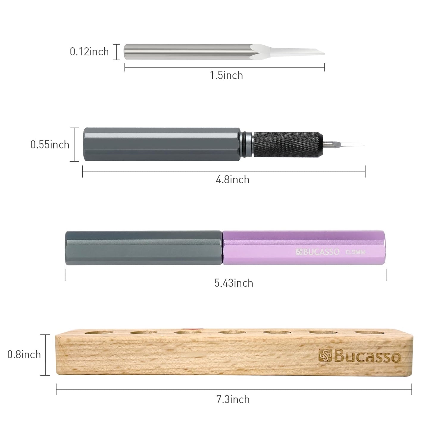 Bucasso Model Scriber, 7-Piece Tungsten Steel Blade Scribing Tool Set 0.075/0.1/0.125/0.15/0.2/0.3/0.5mm, with Wooden Stand for Modeling Hobby, RG Scale Model, Gundam Model Kit, Plastic Models