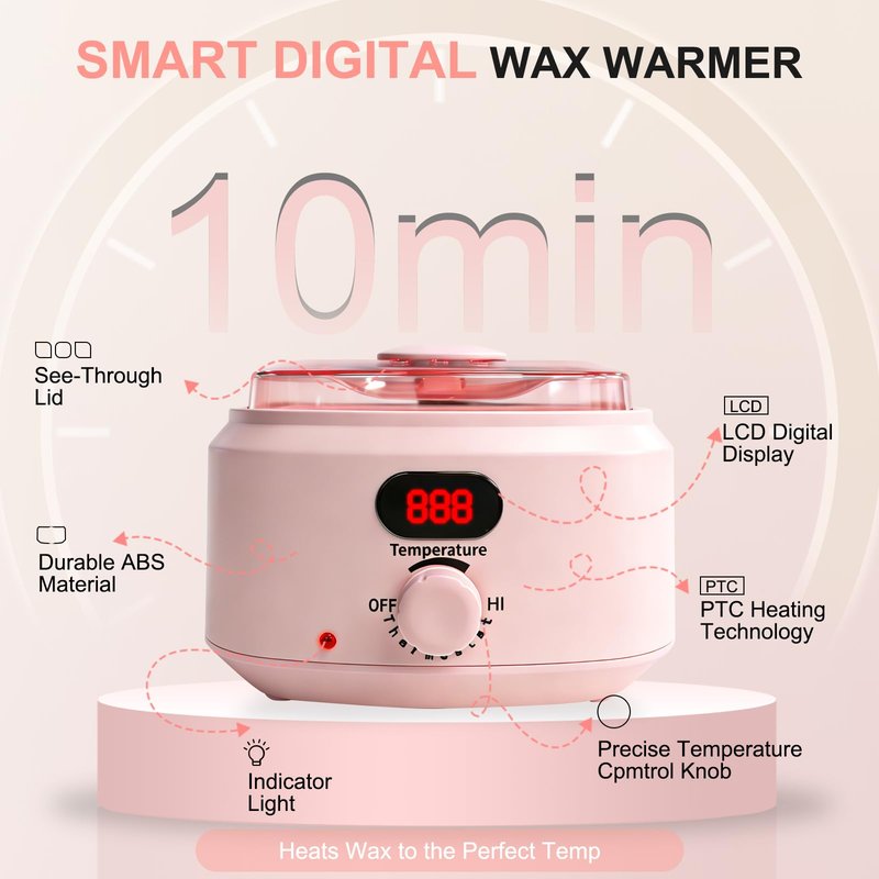 Waxing Kit, 500ml Digital Wax Warmer with 10-Minute Quick-Heat, Precision Temperature Control, Hair Removal Kit Includes 30 Waxing Sticks & 1 Silicone Bowl, for Home & Salon Use, Whole Body