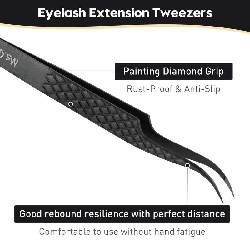 Ms.Queen Eyelash Extension Tweezers,Microfiber Tip Curved Lash Tweezers for Volume, Isolation& Classic Lashes Extensions,Black