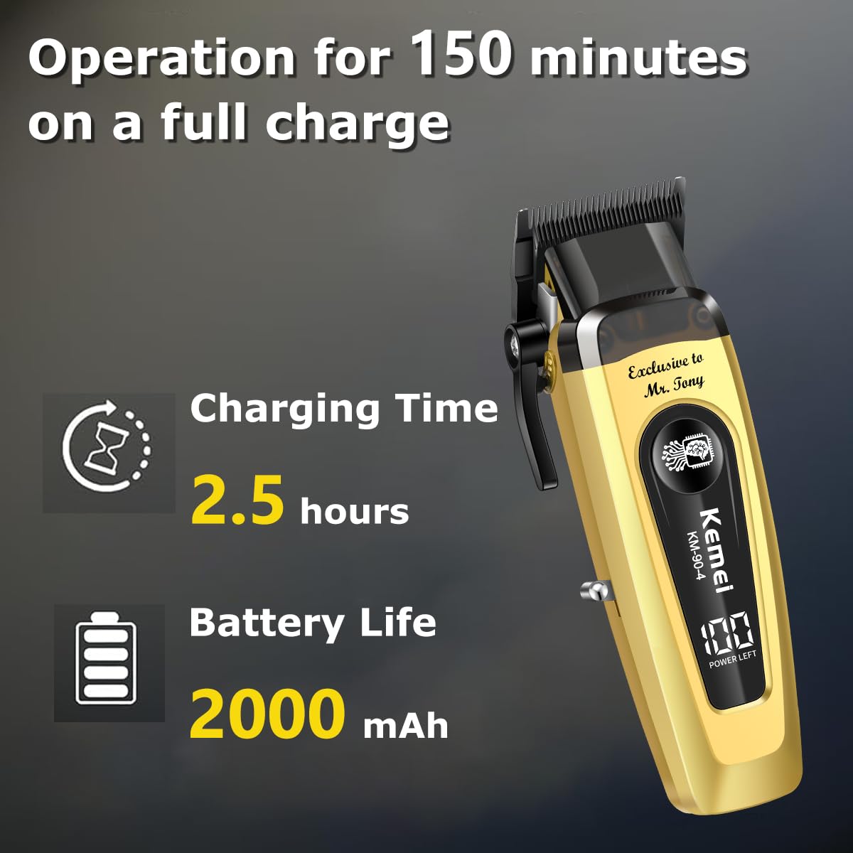 KEMEI 90-4 Professional Hair Clippers for Men, 11500 RPM Barber Clippers with LED Display, Cordless Hair Trimmer with DLC Blade & Charging Base, 2000 mAh Hair Clipper for Barbers Haircut Kit, Gold