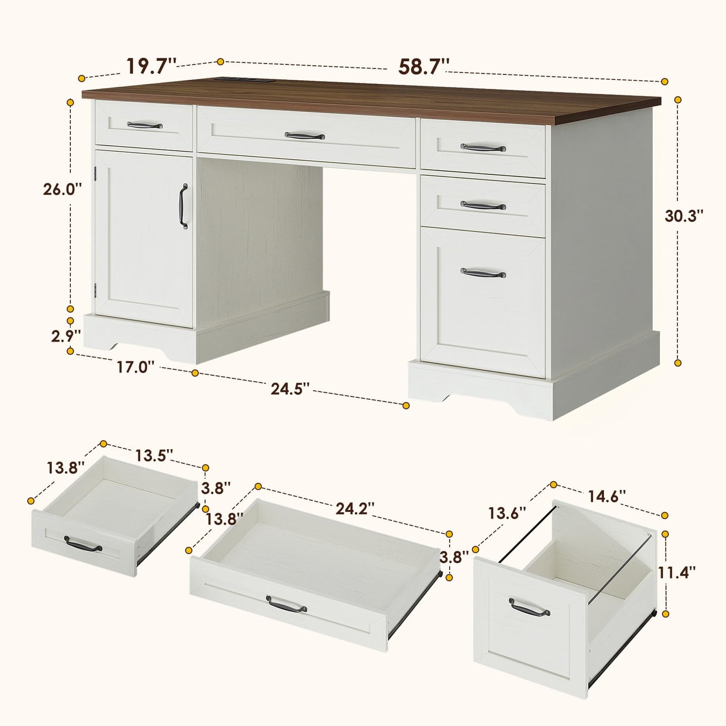 OffiGo 59 Inch Farmhouse Desk with Drawers, Executive Computer Desk with Charging Station, Wood File Cabinet Storage for Home Office, Walnut+White