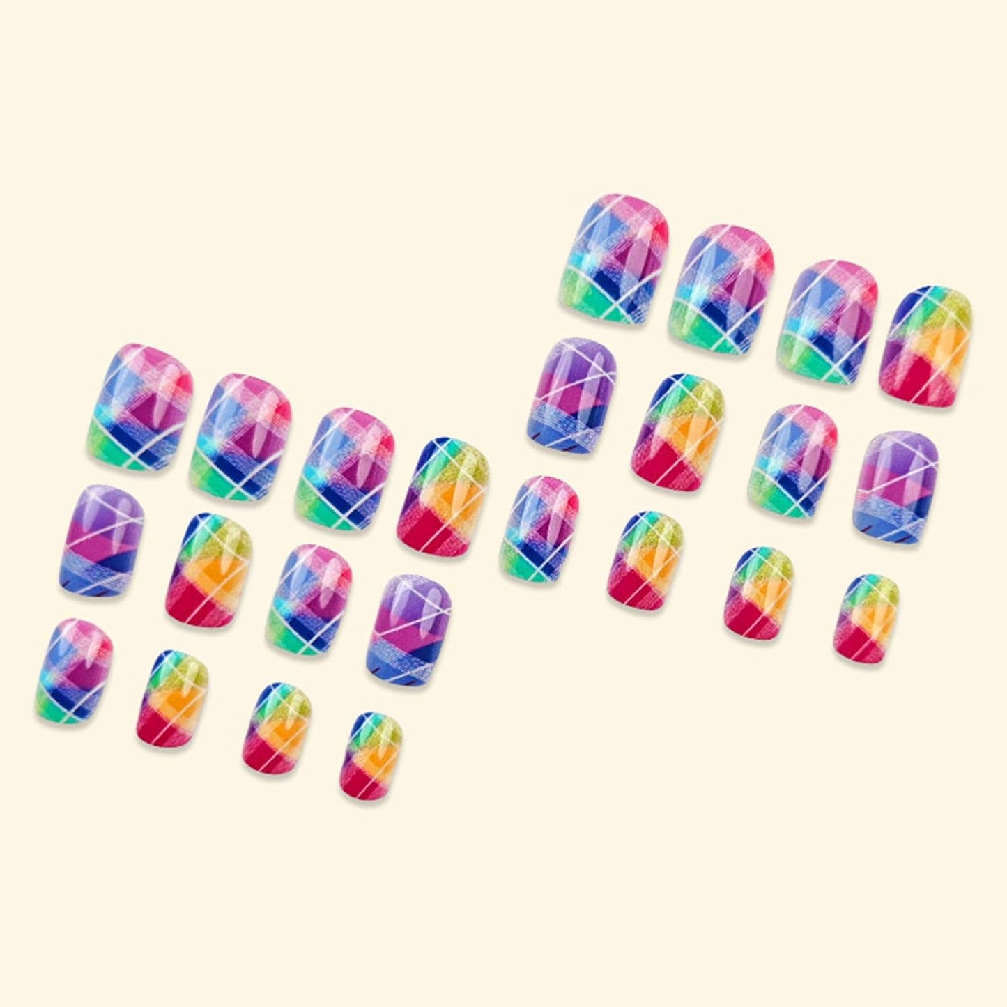 Rainbow Checkered Press-On Nails - Short Square Gradient Fake Nails | 24 Pcs Glossy Reusable Nail Art for Women