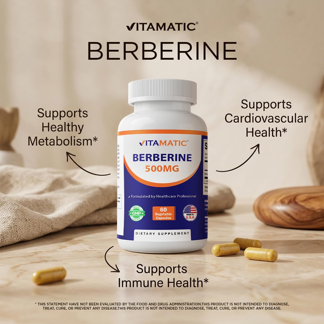 Vitamatic Berberine Supplement 500mg - 60 Vegetable Capsules - Made in the USA - Gluten Free - Non-GMO (3 Bottles)