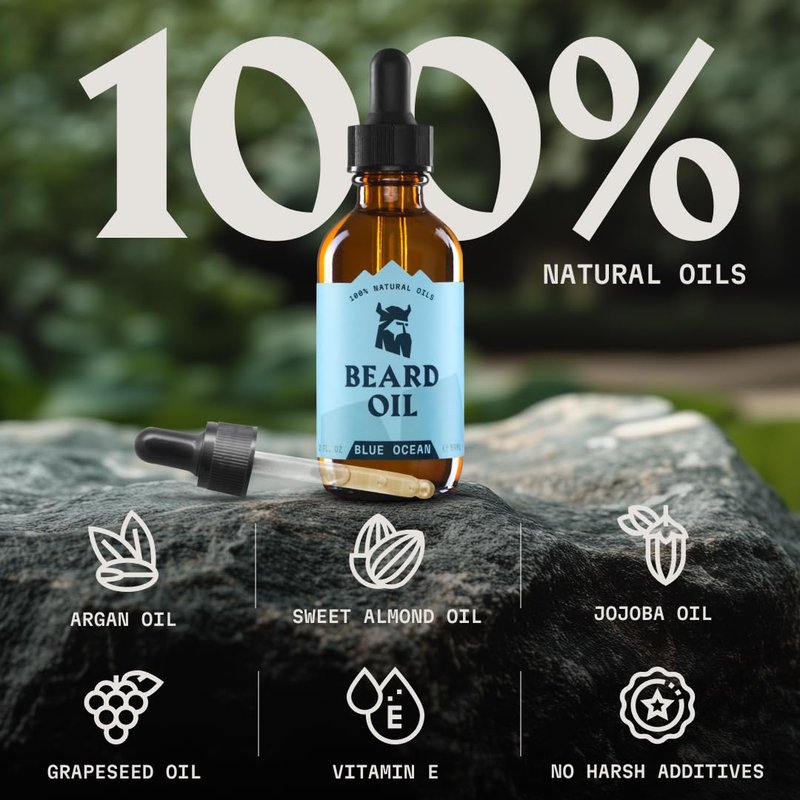 Striking Viking Beard Oil for Men (2 Fl Oz (Pack of 1), Blue Ocean) Naturally Derived Conditioner with Almond, Tea Tree, Argan & Jojoba Oil for Beard Growth, Softening & Moisturizing