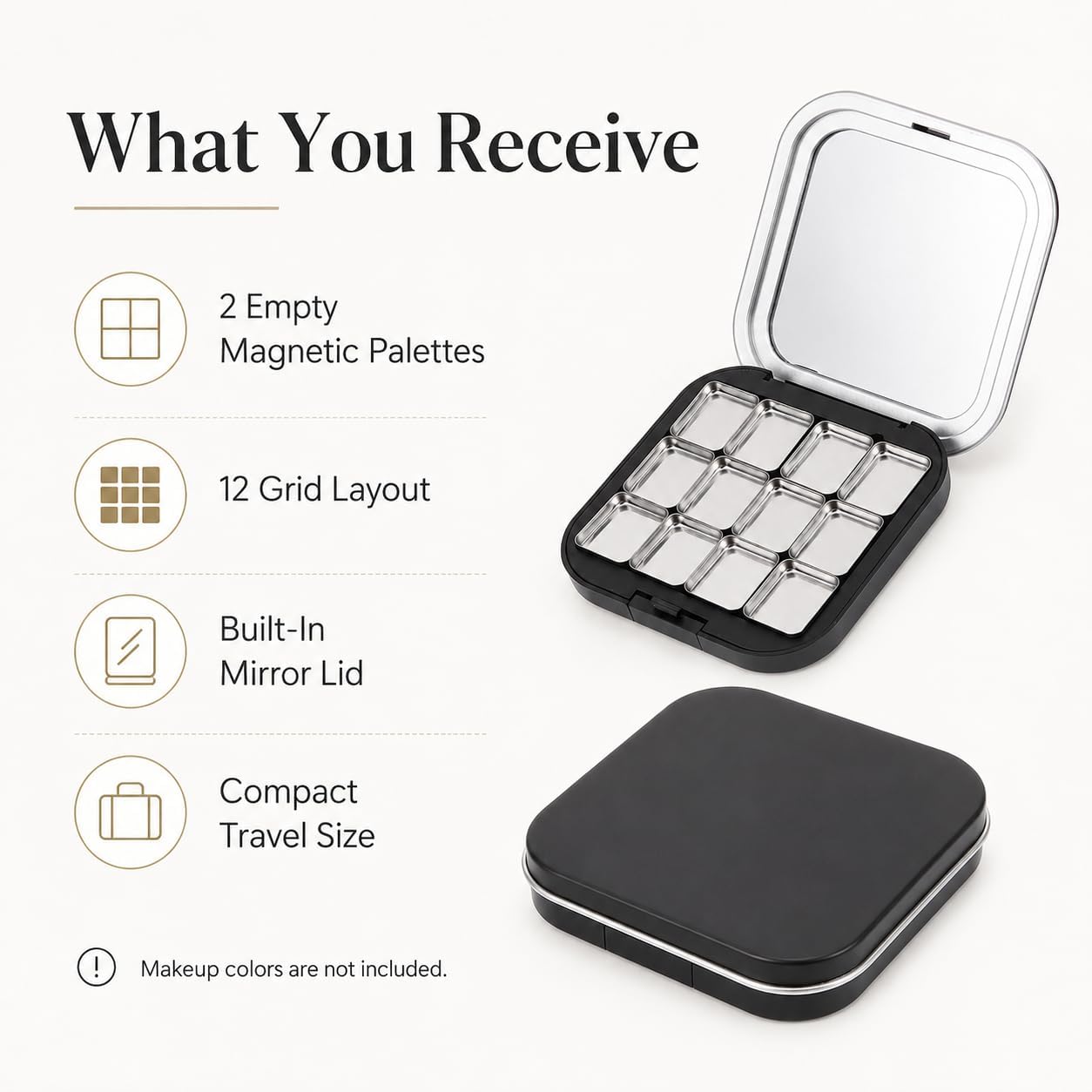 Magnetic Makeup Palette - 2 Pack Small Empty Eyeshadow Organizer with 12 Grids | Refillable Cosmetic Case for DIY Depotting
