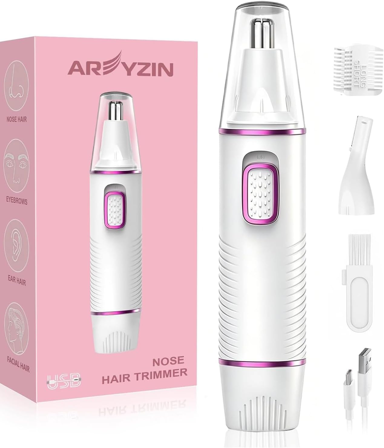 AREYZIN Nose Hair Trimmer - Rechargeable 2-in-1 Ear & Nose Trimmer | Painless Eyebrow & Facial Hair Removal, IPX7 Waterproof