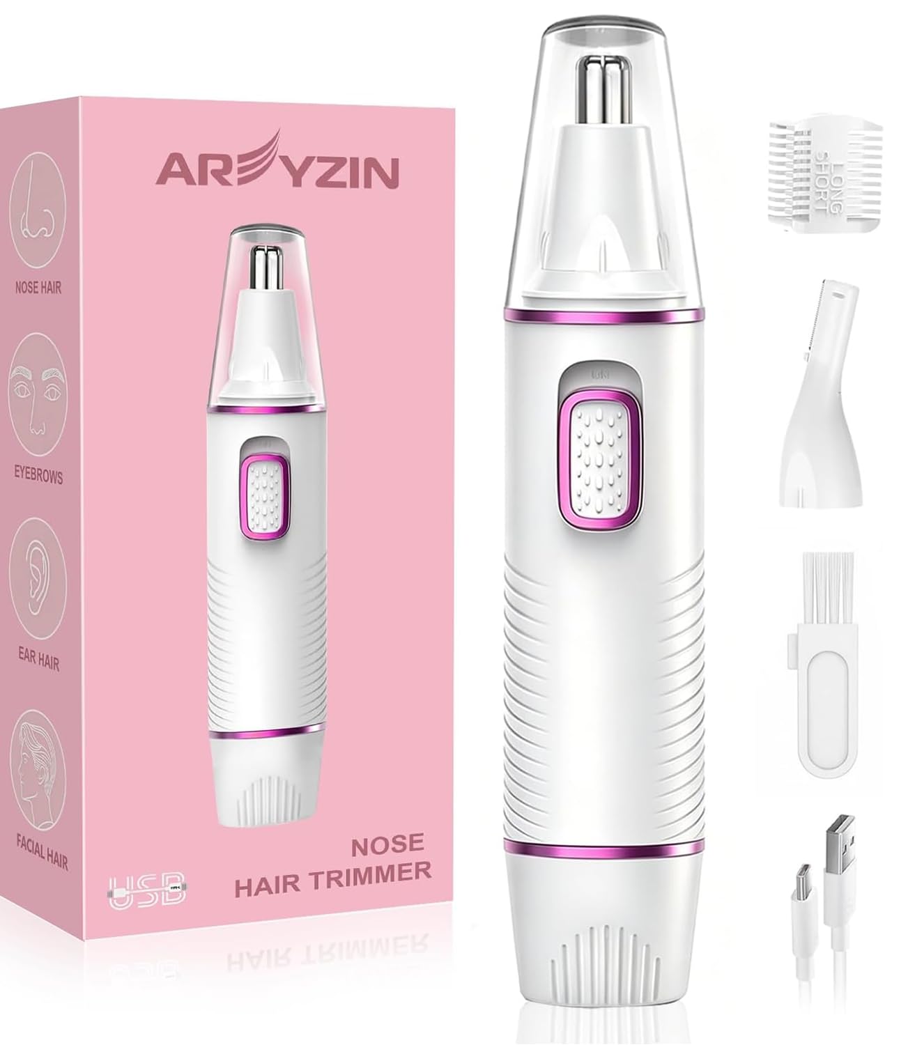 Nose Hair Trimmer for Women,USB Rechargeable Ear and Nose Trimmer,2026 Professiona 2 in 1 Painless Eyebrow & Facial Hair Trimmer Remover,IPX7 Waterproof,Portable Nasal Hair Clipper,Dual-Edge Blades