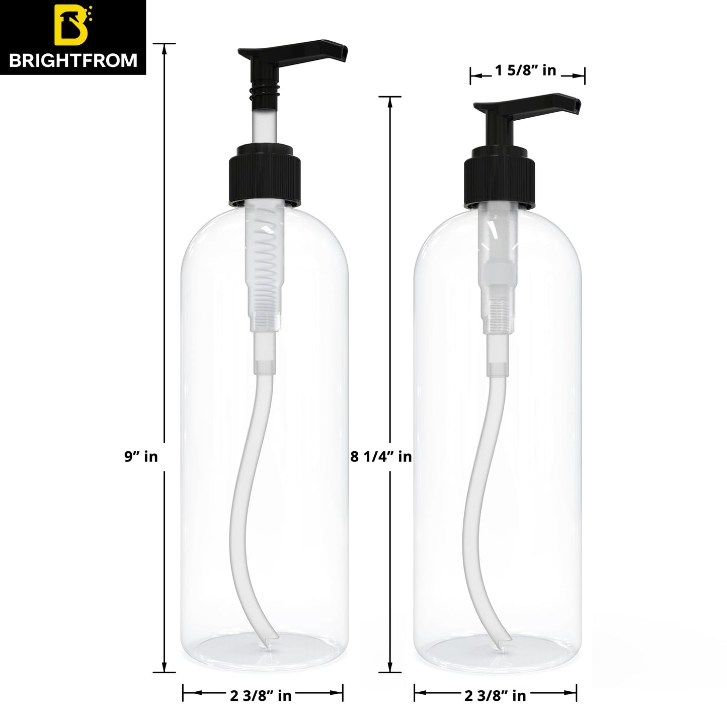 BRIGHTFROM Empty Lotion Pump Bottles, 16 OZ BPA-Free Refillable Plastic Containers, PETE1 Clear, Great for - Soap, Shampoo, Lotions, Liquid Body Soap, Creams and Massage Oil's - 2 Pack (Black)