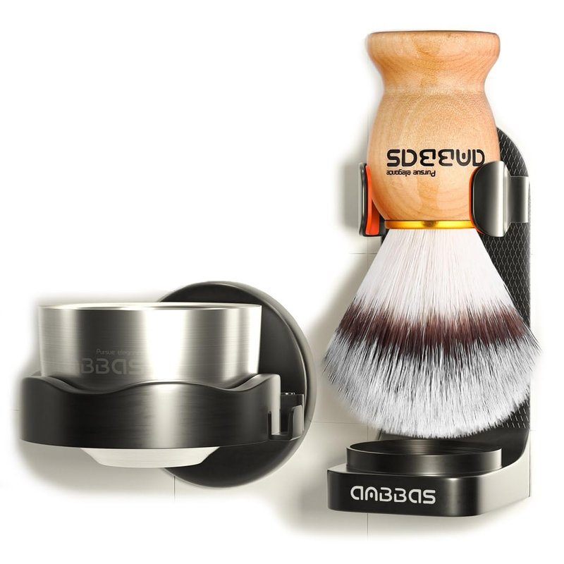 Anbbas 4IN1 Shaving Brush Set,Nylon Bristles Wood Handle and Stainless Steel Soap Bowl,ABS Wall Mounted Shaving Holders for Brush and Bowl for Men Wet Shave