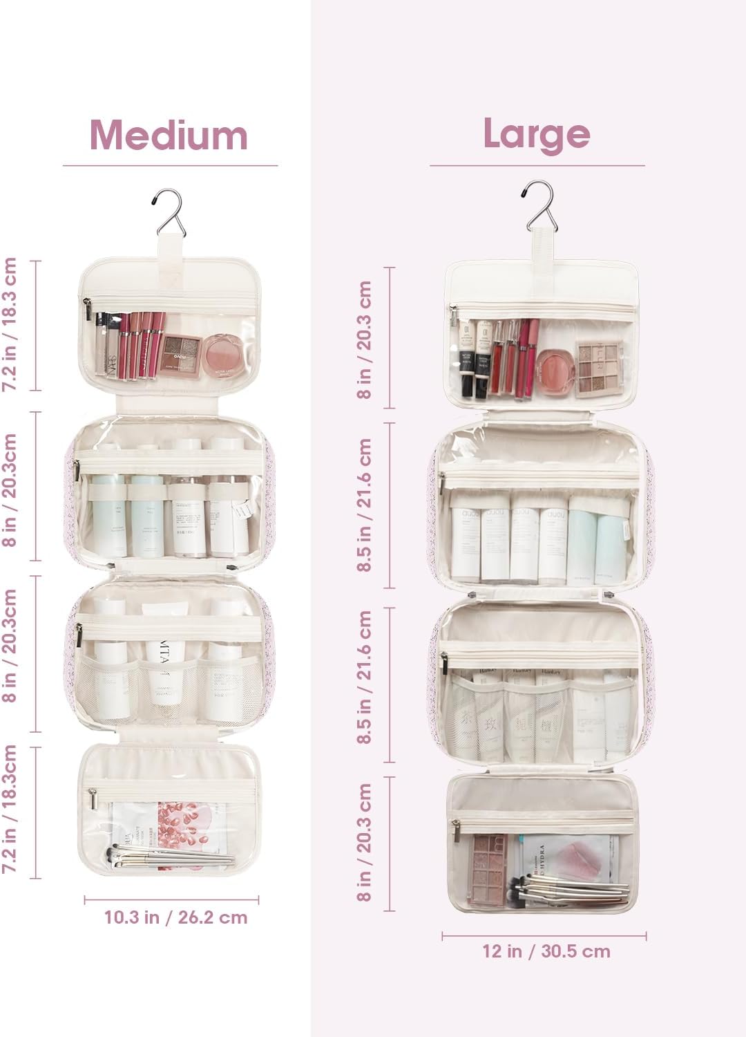 Narwey Hanging Toiletry Bag - Travel Makeup Organizer for Women | Medium Pink Flower Design