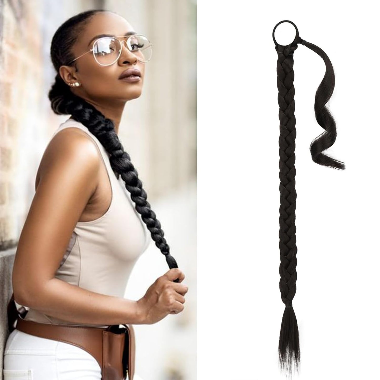 30 Inch Long Braided Ponytail Extension - Dark Brown Wrap Around Braid Hairpiece for Women | Synthetic Hair Tie