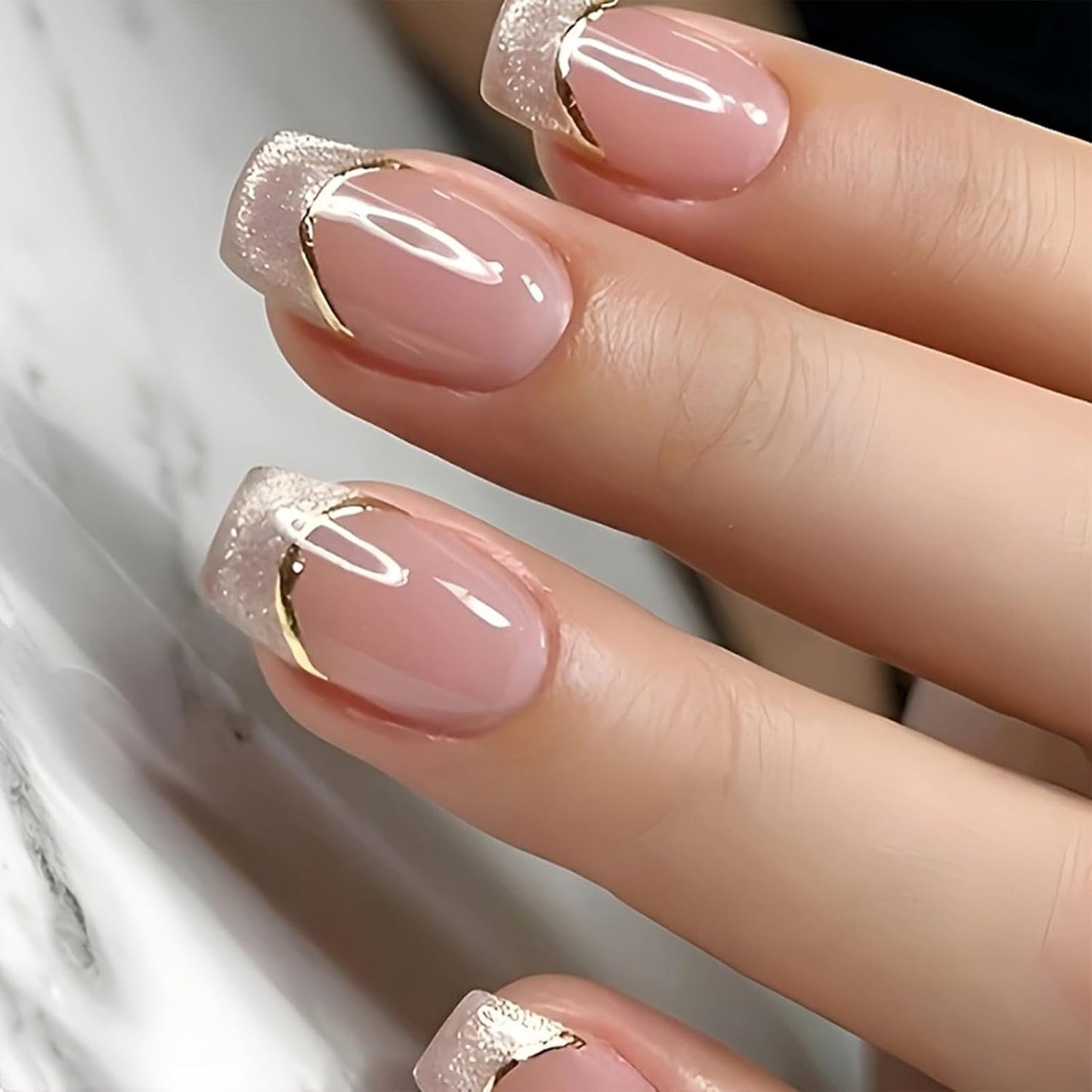 Almond Press-On Nails - White French Tip with 3D Gold Bow | Reusable Acrylic Full Cover, 24 Pcs