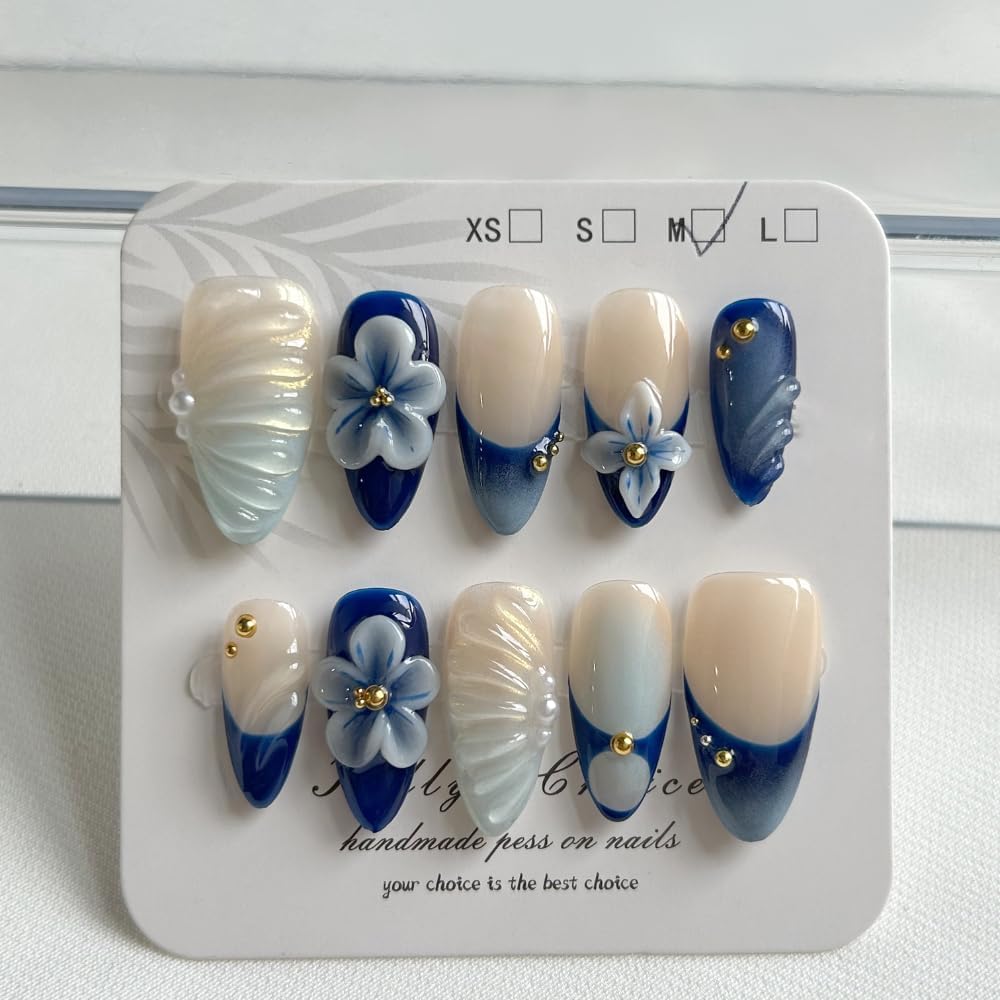 Press On Almond Nails - Handmade 3D Design, Thick Acrylic Gel | Reusable DIY Artificial Nails for Women (10 Pieces)