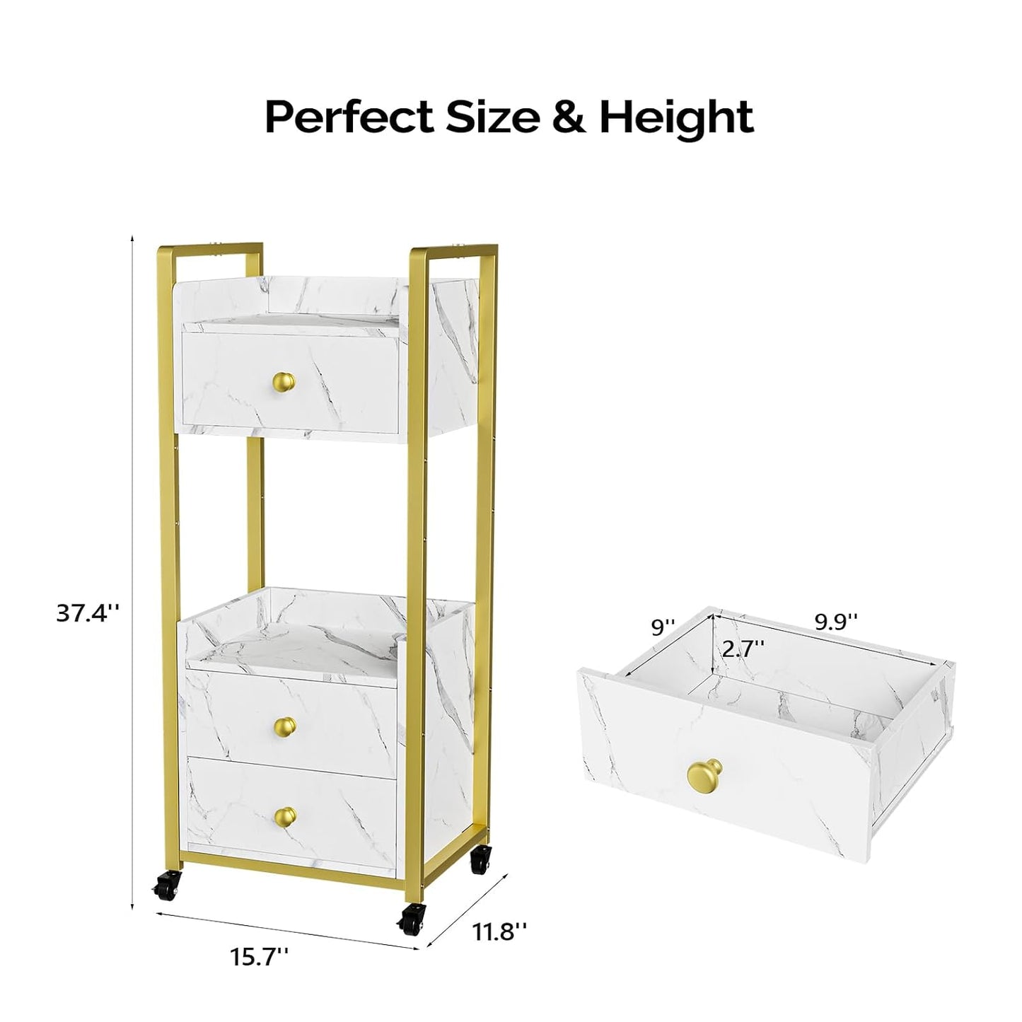 OmySalon Salon Trolley Cart - Mobile Beauty Spa Organizer with 3 Drawers & 2 Trays | White Marble Finish