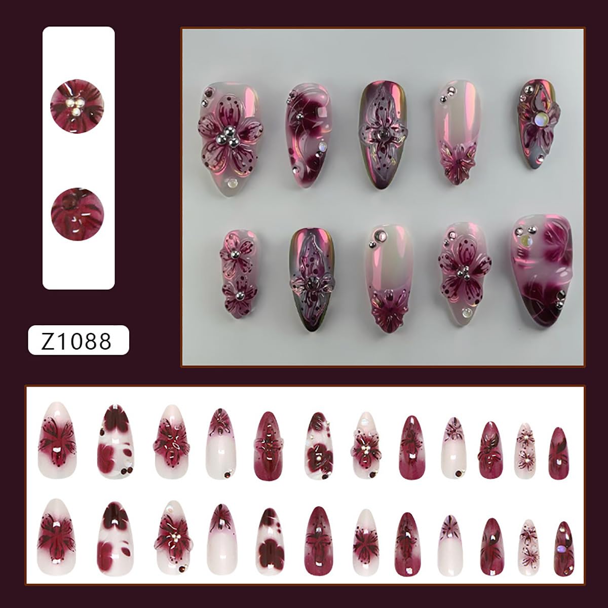 Floral Press-On Nails - 24Pcs Medium Almond Fake Nails with Rhinestones | Purple Full Cover Spring Acrylic