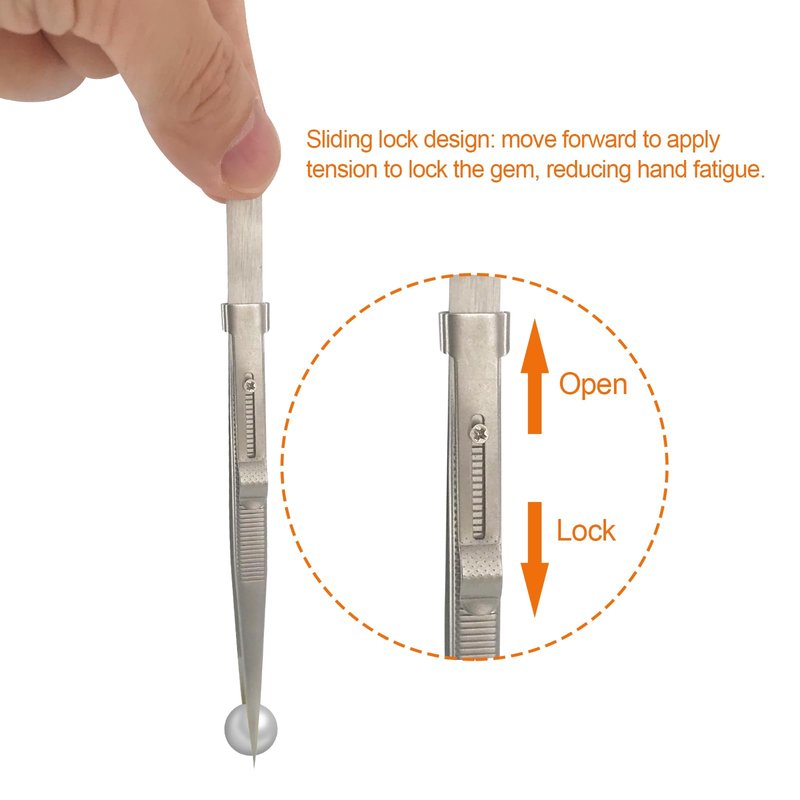 2Pcs Professional Diamond Tweezers Gem Stone Tweezers Jewelry Tweezers Stainless Steel Slide Locking Non-slip Pointed Tip Tweezers with Slot for Jewelers Making