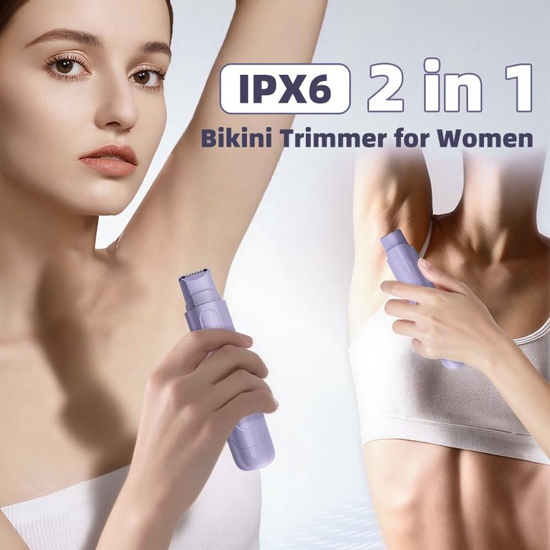 2 in 1 Women's Electric Shaver, Dual Head Bikini Hair Trimmer, IPX6 Waterproof, Wet & Dry, Bikini Underarm Leg Arm Body Facial Epilator, (Purple)