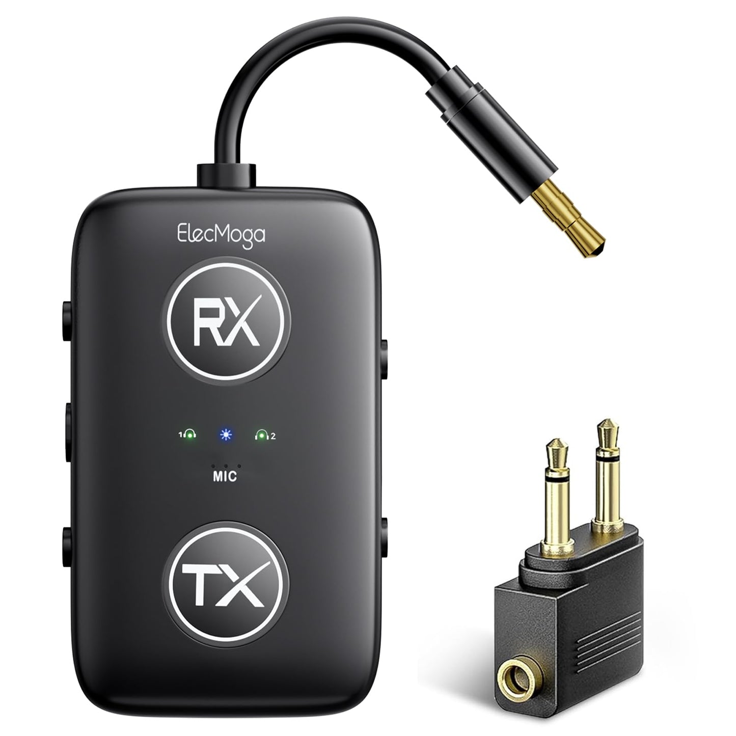 2025 Upgraded Airplane Bluetooth 5.4 Transmitter with Qualcomm Chipset, ElecMoga Airplane Travel Essentials Supports 2 AirPods or Headphones, 2-in-1 AUX Wireless Receiver for Gym, TV, Car, Audio