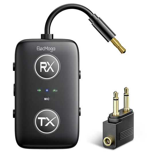 2025 Upgraded Airplane Bluetooth 5.4 Transmitter with Qualcomm Chipset, ElecMoga Airplane Travel Essentials Supports 2 AirPods or Headphones, 2-in-1 AUX Wireless Receiver for Gym, TV, Car, Audio
