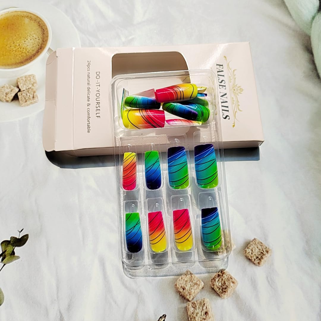 Colorful Gradient Press-On Nails | Medium Coffin Shaped Acrylic Nail Art - 24 Pcs with Rainbow Designs