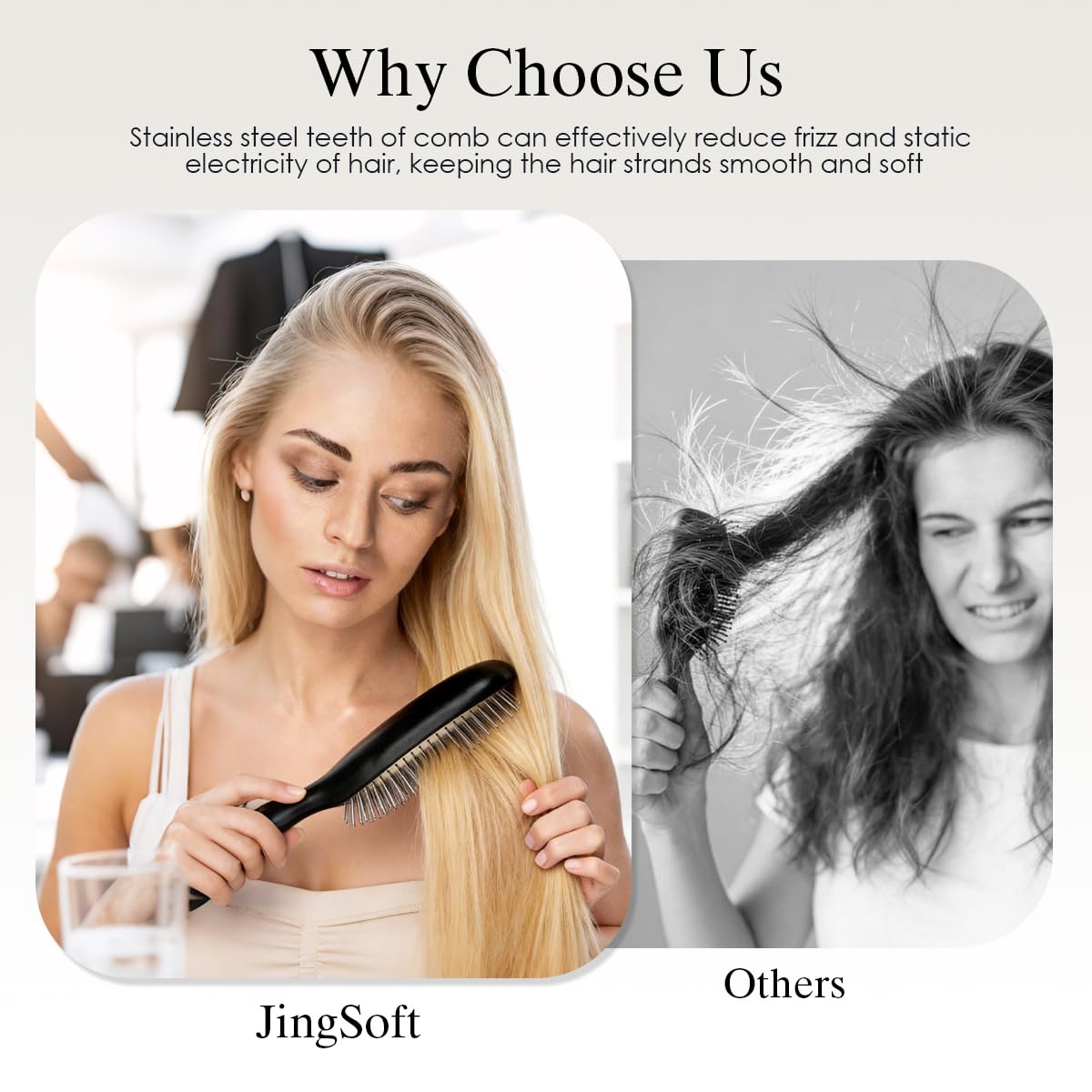 JingSoft Oak Wooden Hair Brush Anti-Static, Smoothing & Scalp Massaging Detangler Brush with Stainless Steel Bristles for All Hair Types - Black