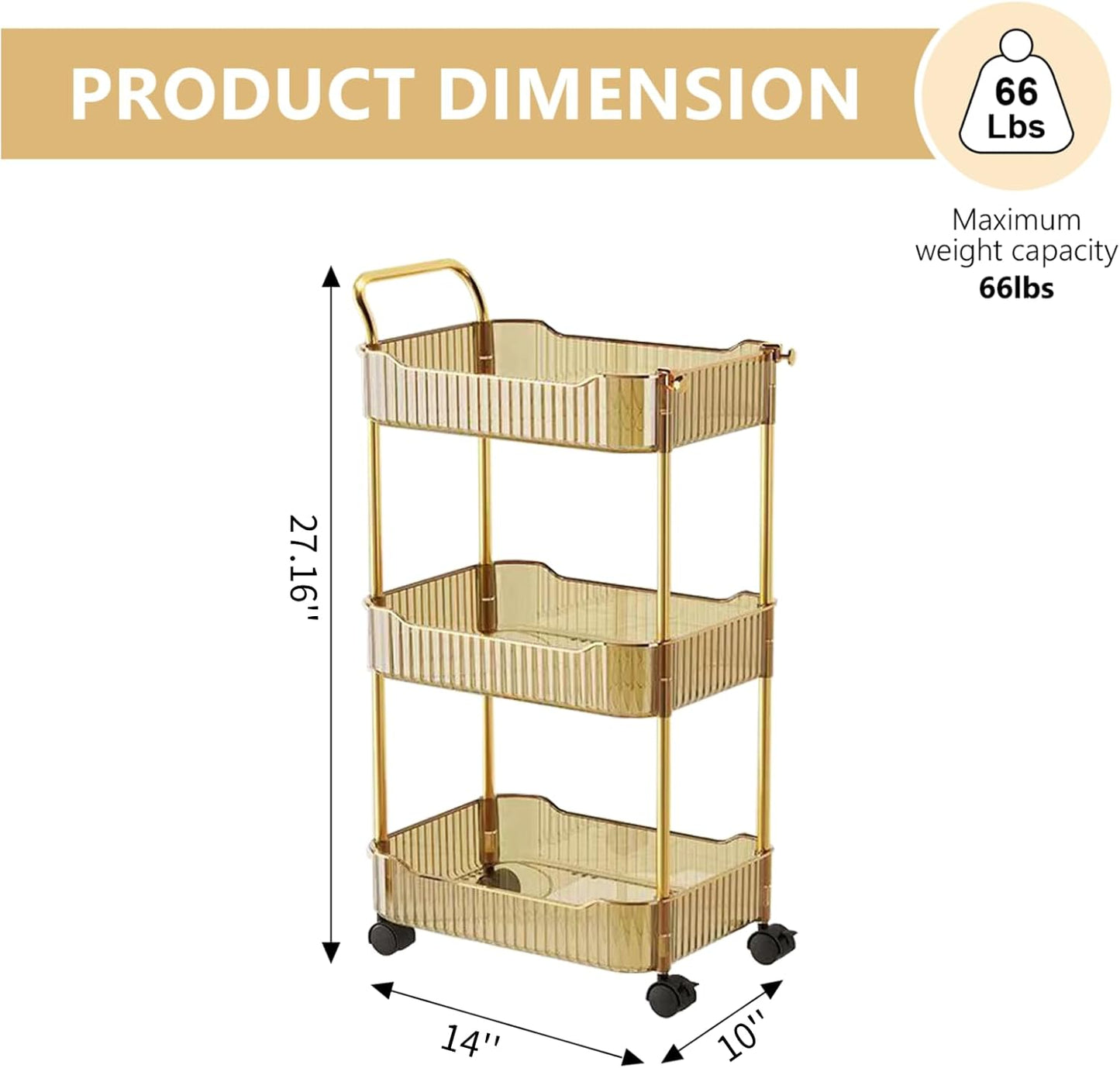 Acrylic 3-Tier Rolling Storage Cart - Versatile Organizer for Kitchen, Living Room & Office | Amber, 14''X10''X27''