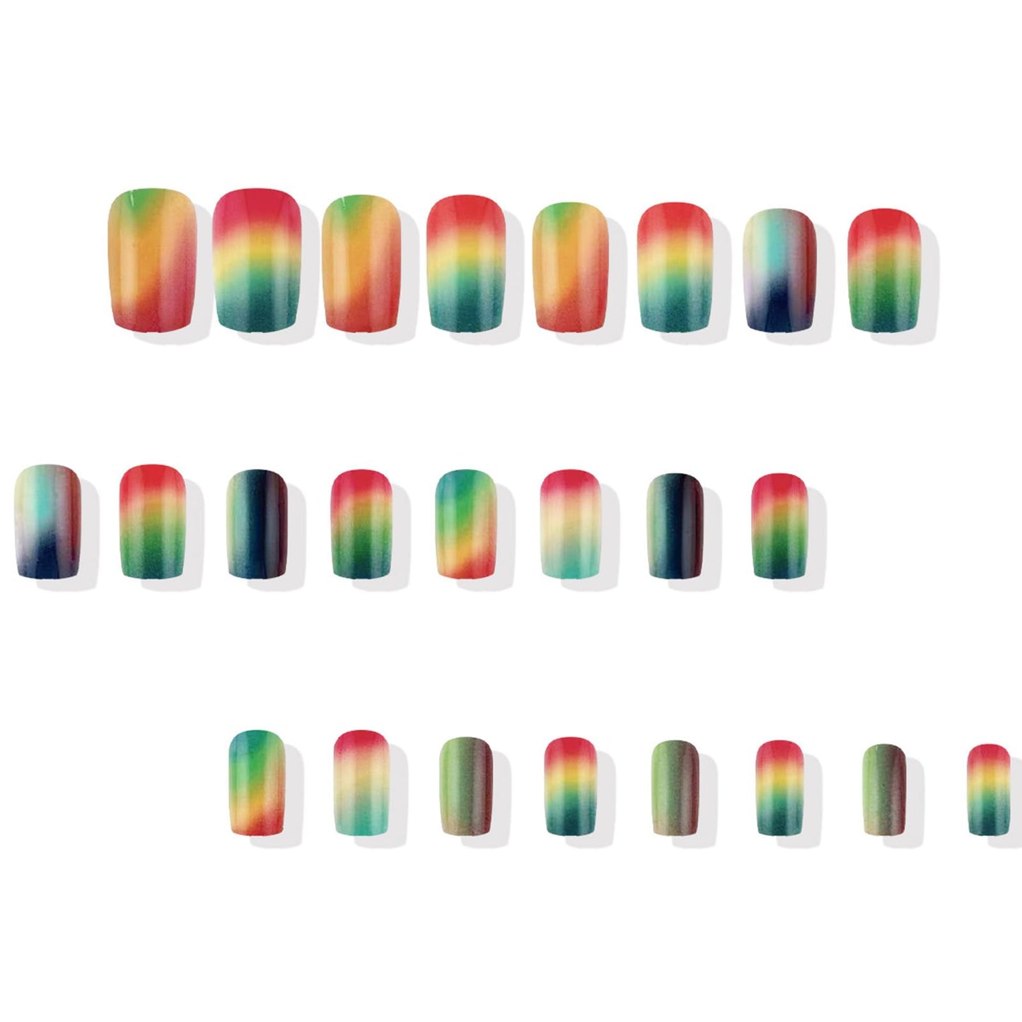 Ombre Press on Nails Colorful Gradient Smudge Fake Nails Medium Square False Nails Glossy Acrylic Nails Reusable Glue on Nails Spring Summer Full Cover Stick on Nails for Women 24Pcs