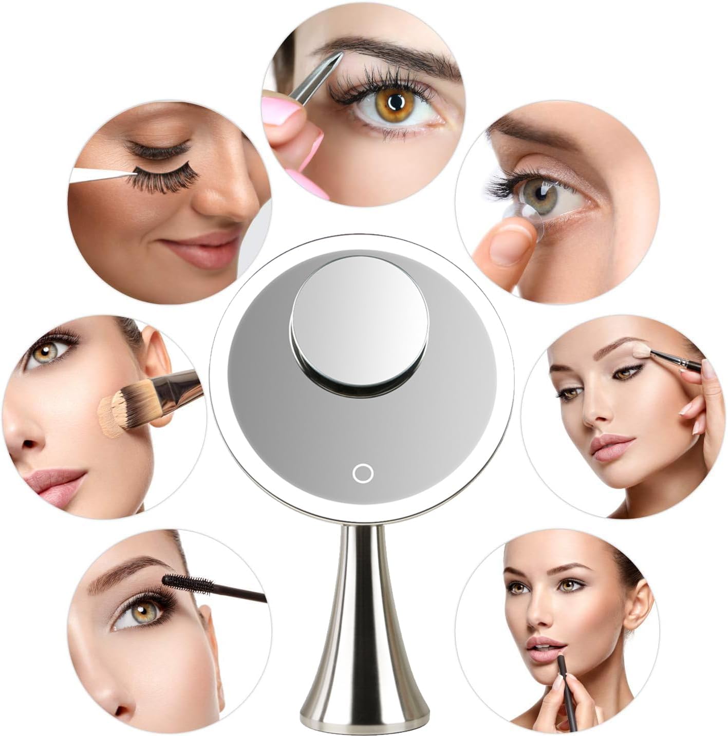Lighted Makeup Mirror - 9-Inch Dual Magnifying 5x/10x | Adjustable Brightness, 360° Rotation, Rechargeable