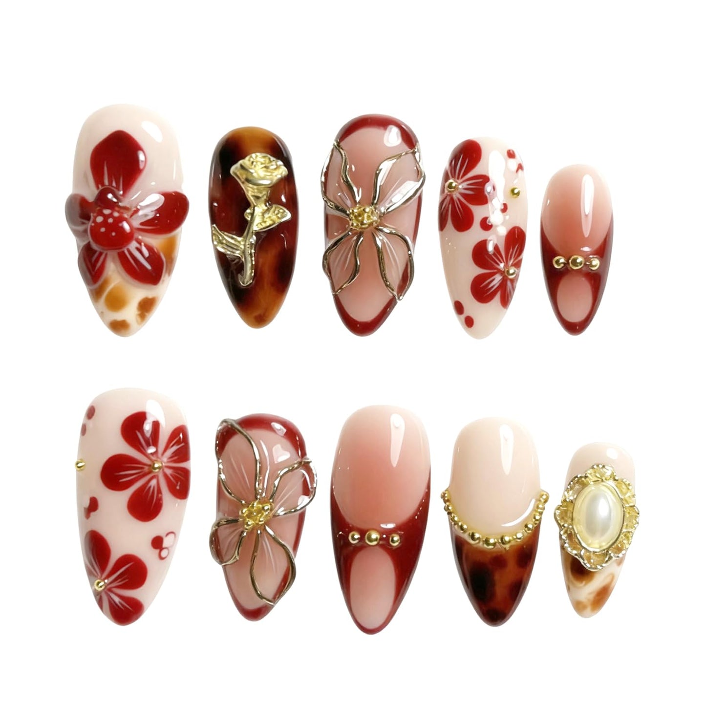 Press-On Nails - 24Pcs Medium Almond Fake Nails with Lotus & Lucky Koi Design | Glossy Full Cover for Spring/Summer DIY Manicure