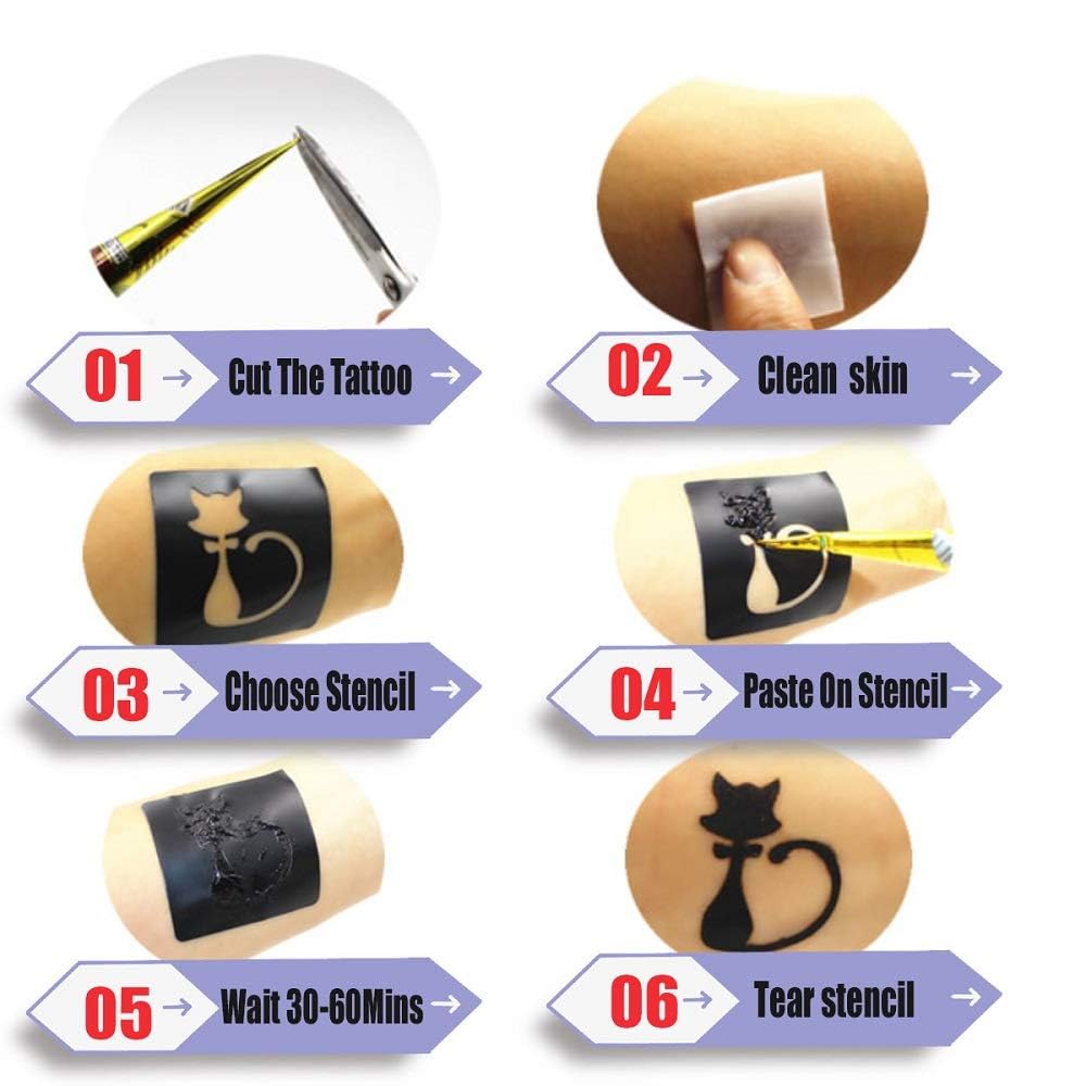 Temporary Tattoos Kit, 4Pcs Black Tattoo Paste Cones, 100% Natural Ready to Use Black Tattoo Paste, India Body DIY Art Painting for Women Men Teens with 20 Adhesive Stencils, 1 Bottle, 4Nozzles