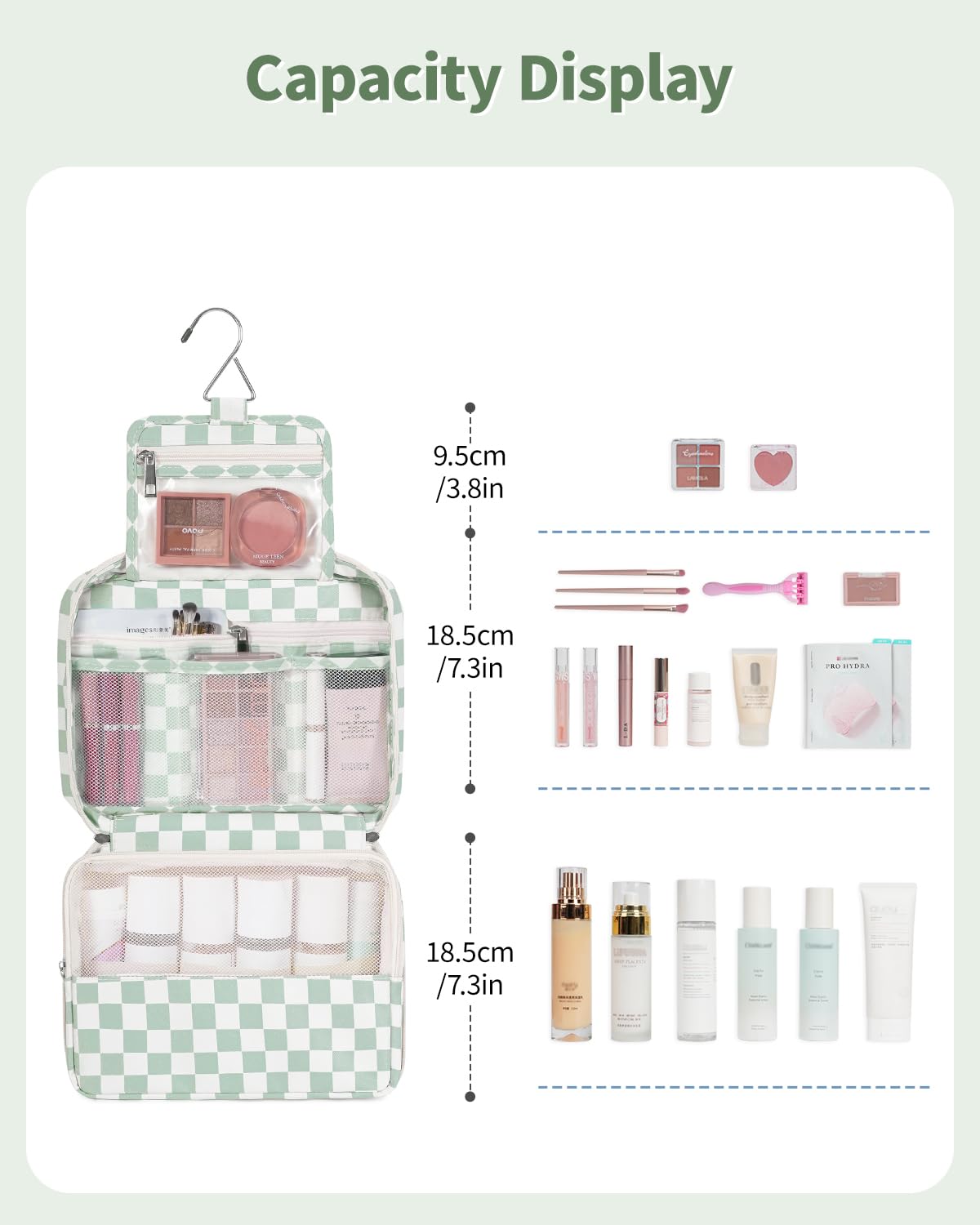 Narwey Small Hanging Travel Toiletry Bag for Women, Travel Bag for Toiletries, Checkered Makeup Bag Organizer Cosmetic Bags Make Up Bags for Girls (Mint Green Checkerboard)