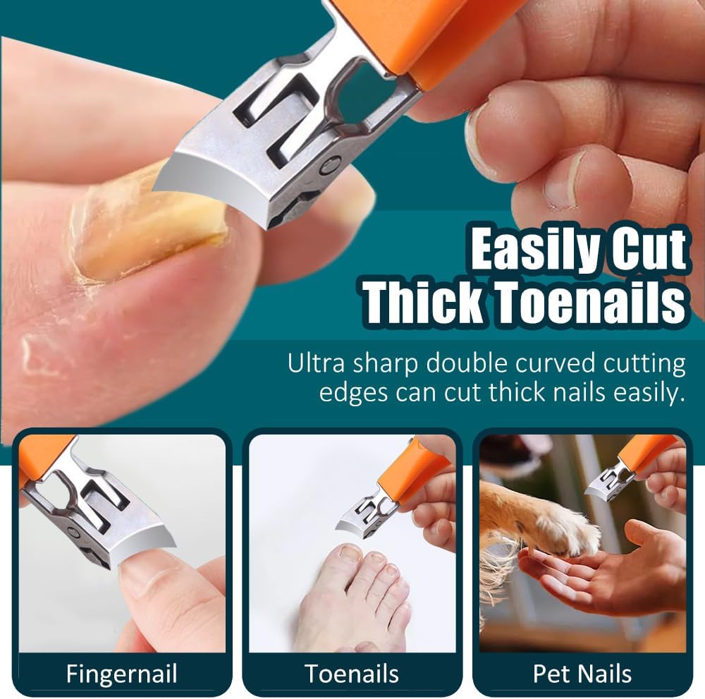 Wide Jaw Opening Anti-Splash Slanted Nail Clipper - Curved Fingernail & Toenail Clippers for Thick Nails | Black & Orange
