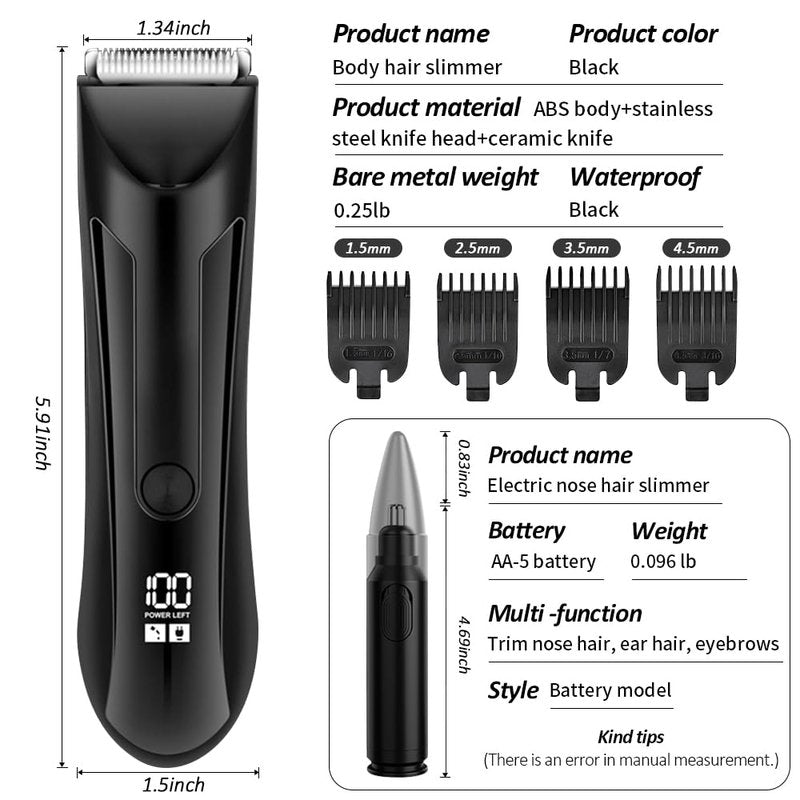 HuanQiuSensmart Men's Trimmer - IPX5 Waterproof Electric Shaving Trimmer with Replaceable Ceramic Blade Head, Body Groomer for Pubic Area, Underarms, Chest, Groin