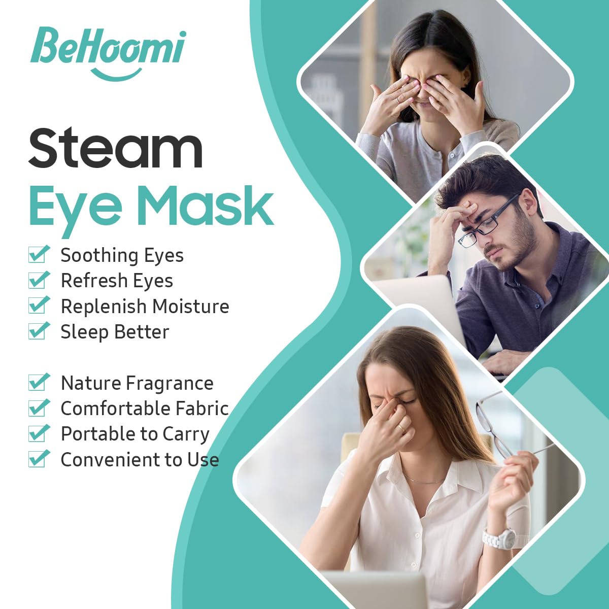 BeHoomi Heated Steam Eye Masks - 30 Packs of Disposable Warm Compresses for Relaxation | Unscented