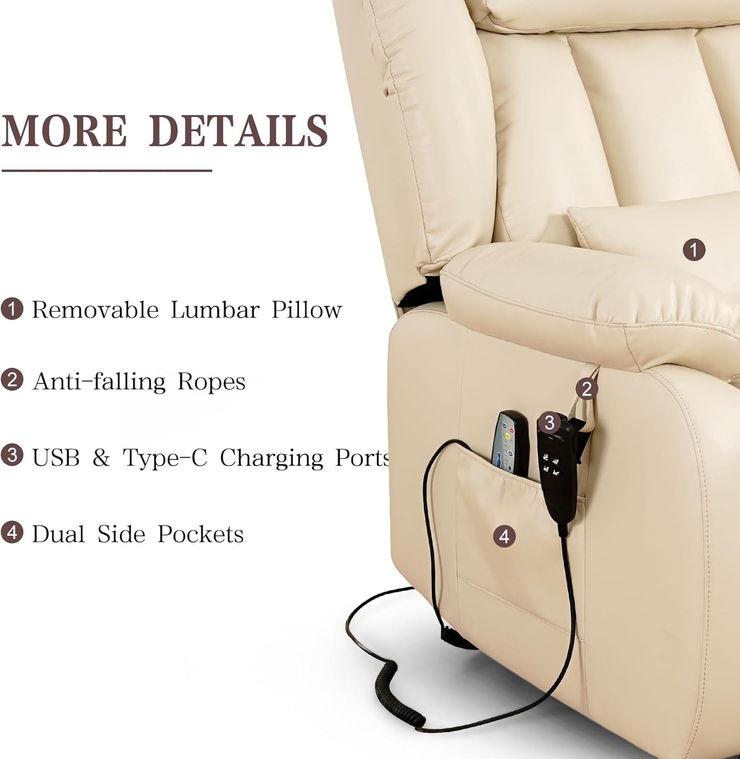 Infinite Position Lift Recliner Chair - Dual Motor Power with Massage & Heating | Extended Footrest, USB Ports, Remote Control, Beige Leather